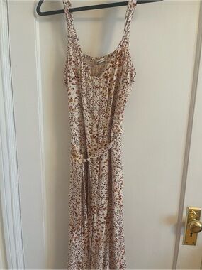 Sleeveless Cream Floral Midi Dress with Tie Waist